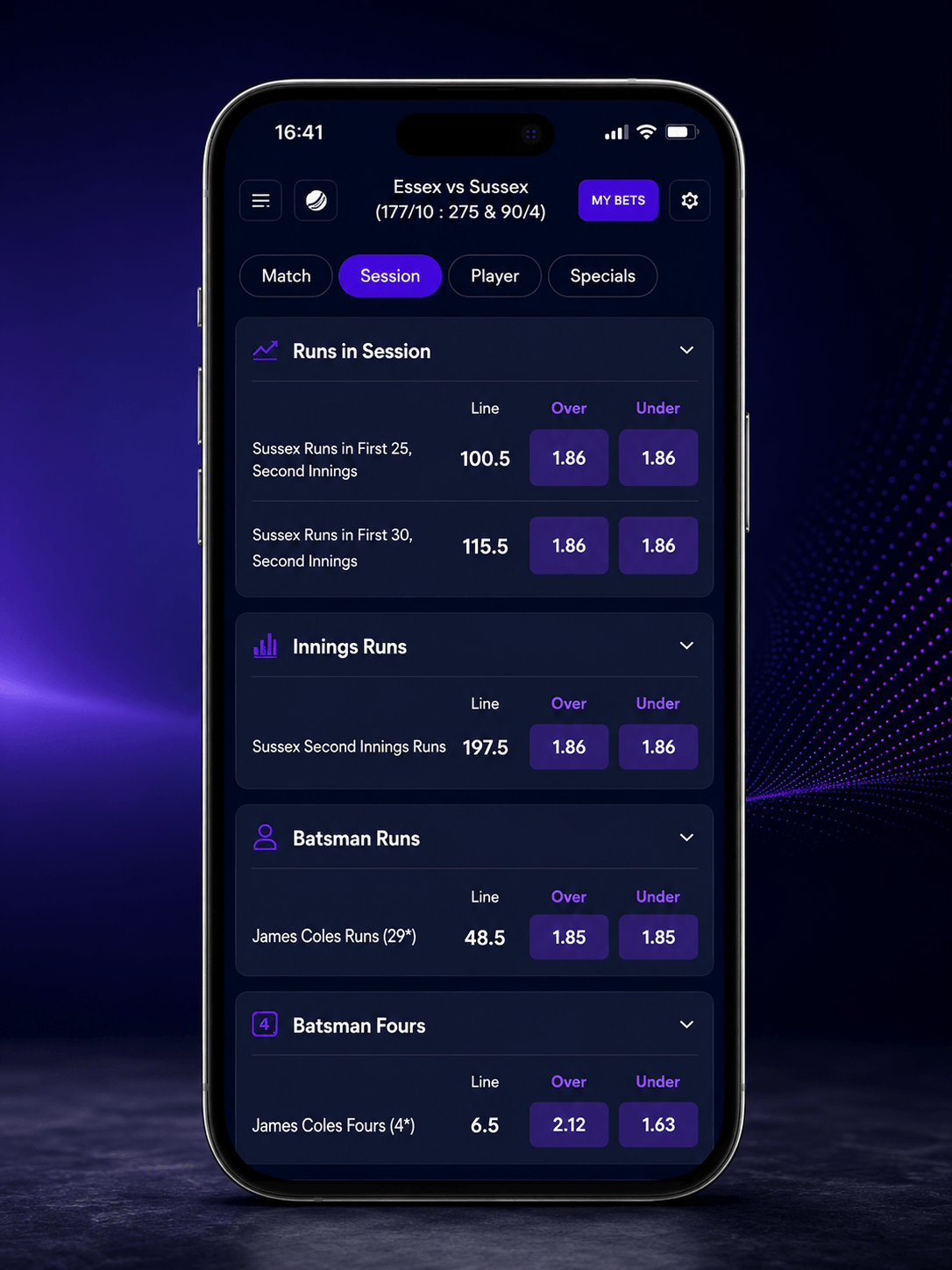 Live cricket match page session lines